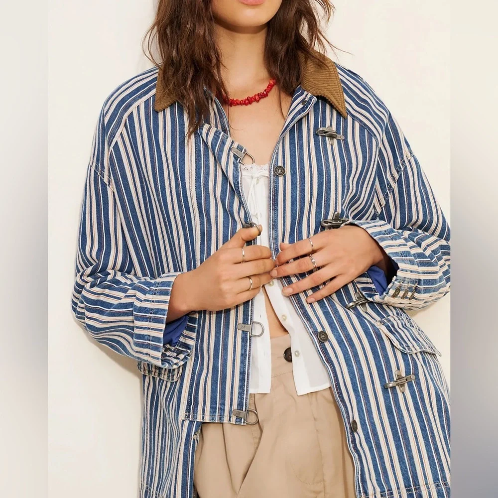 Free People We The Free Striped Denim Barn Coat - Picture 4 of 12